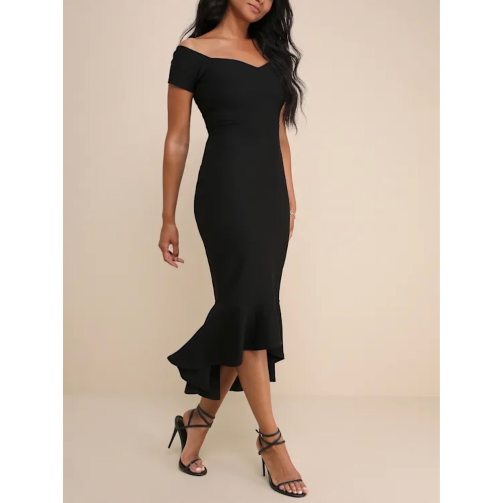 Lulus Navy Blue Mermaid Midi Dress Short Sleeve Ruffle Hem XS NEW 2687